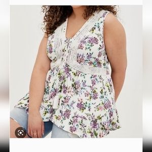 Torrid White Floral Sleeveless Top with Crochet detail, size 2